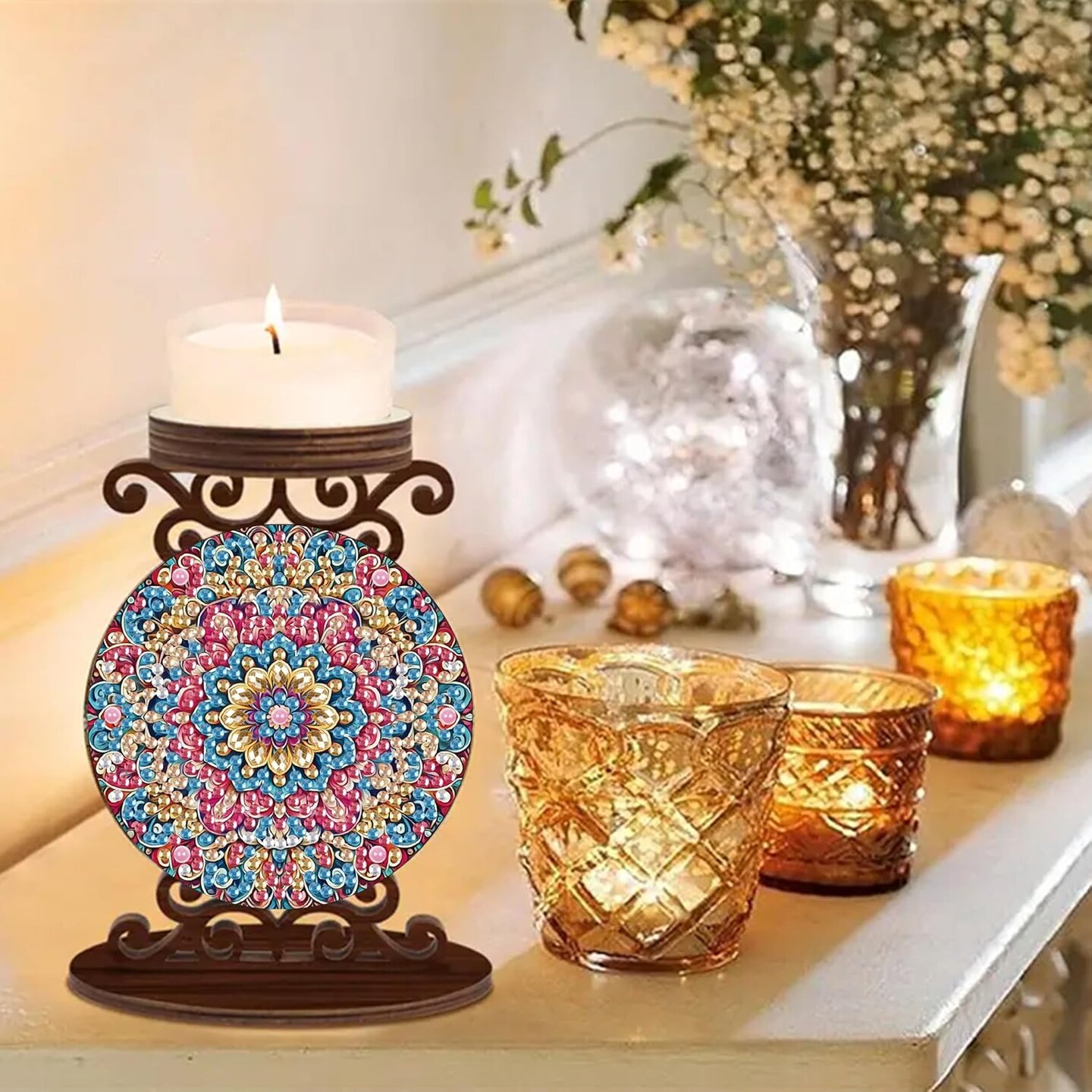 Mandala DIY Diamond Art Candlestick Holder Kit, Double-Sided Wooden Candle Holder Craft Set with Rhinestones, Home Decor Centerpiece for Christmas, Halloween, and Holiday Decoration (#05)