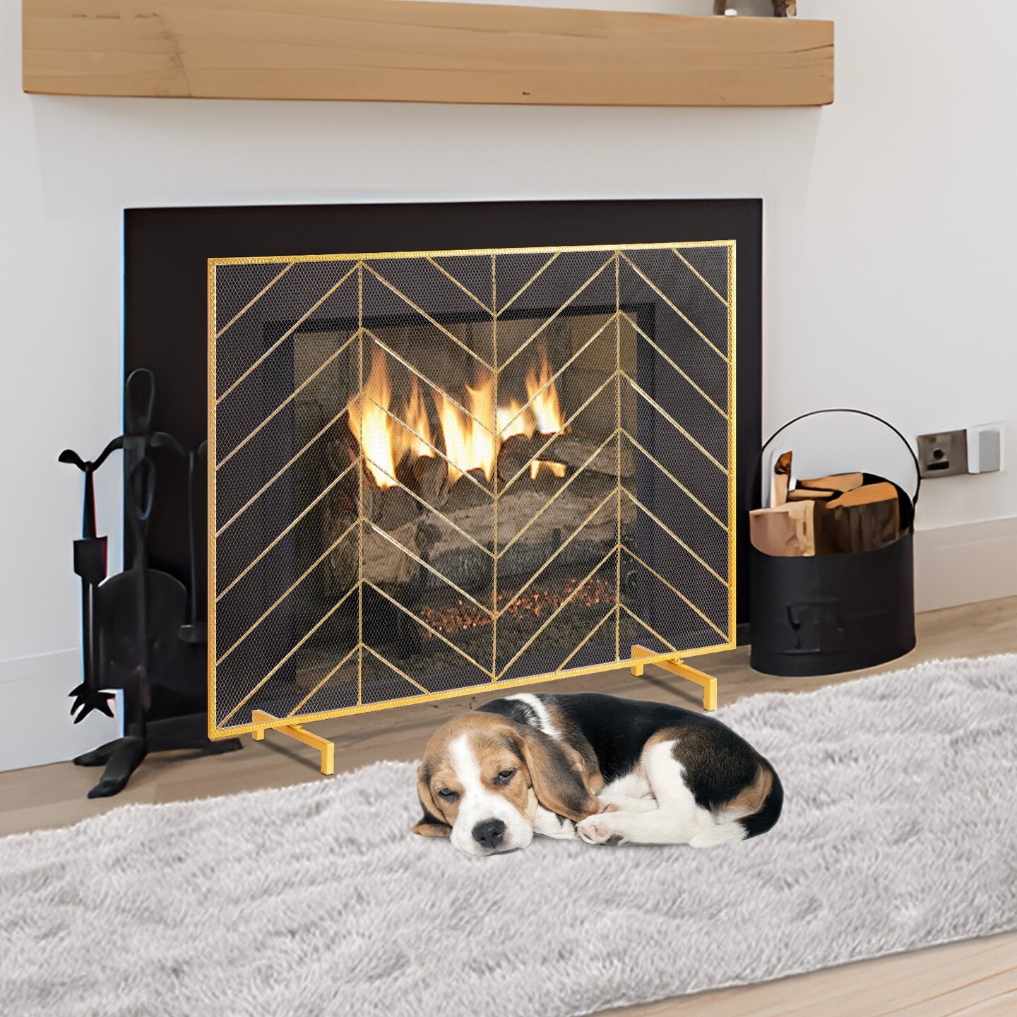 Fireplace Screen 38.6 in Iron Mesh Spark Guard Hearth Screen Gold