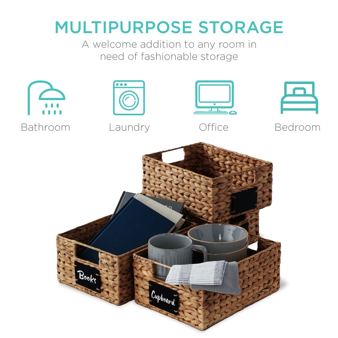 Best Choice Products Set of 4 12in Woven Water Hyacinth Pantry Baskets w/ Chalkboard Label, Chalk Marker