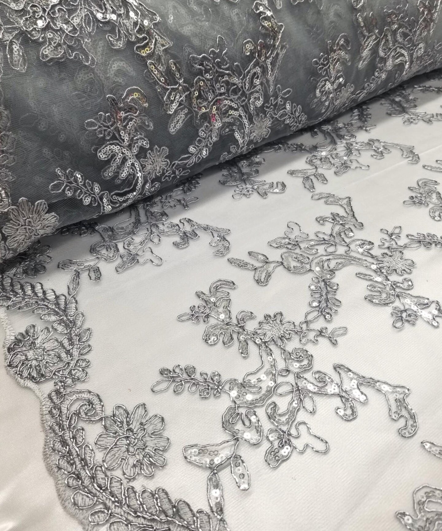 Sequin Embroidered Lace Fabric by the Yard, 54" Wide Floral Mesh Lace with Double Scalloped Edges