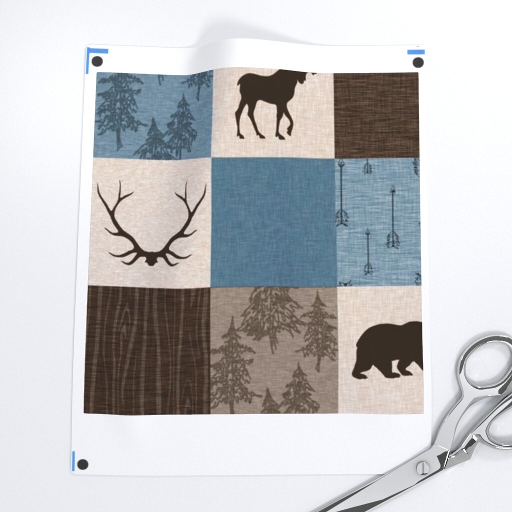 Brown Woodland Bears Patchwork Moose Antlers Wildlife Cabincore Tree Arrows Cheater Quilt Nature Cabin Custom Printed Fabric by Spoonflower Various Fabrics by the Yard or Fat Quarter