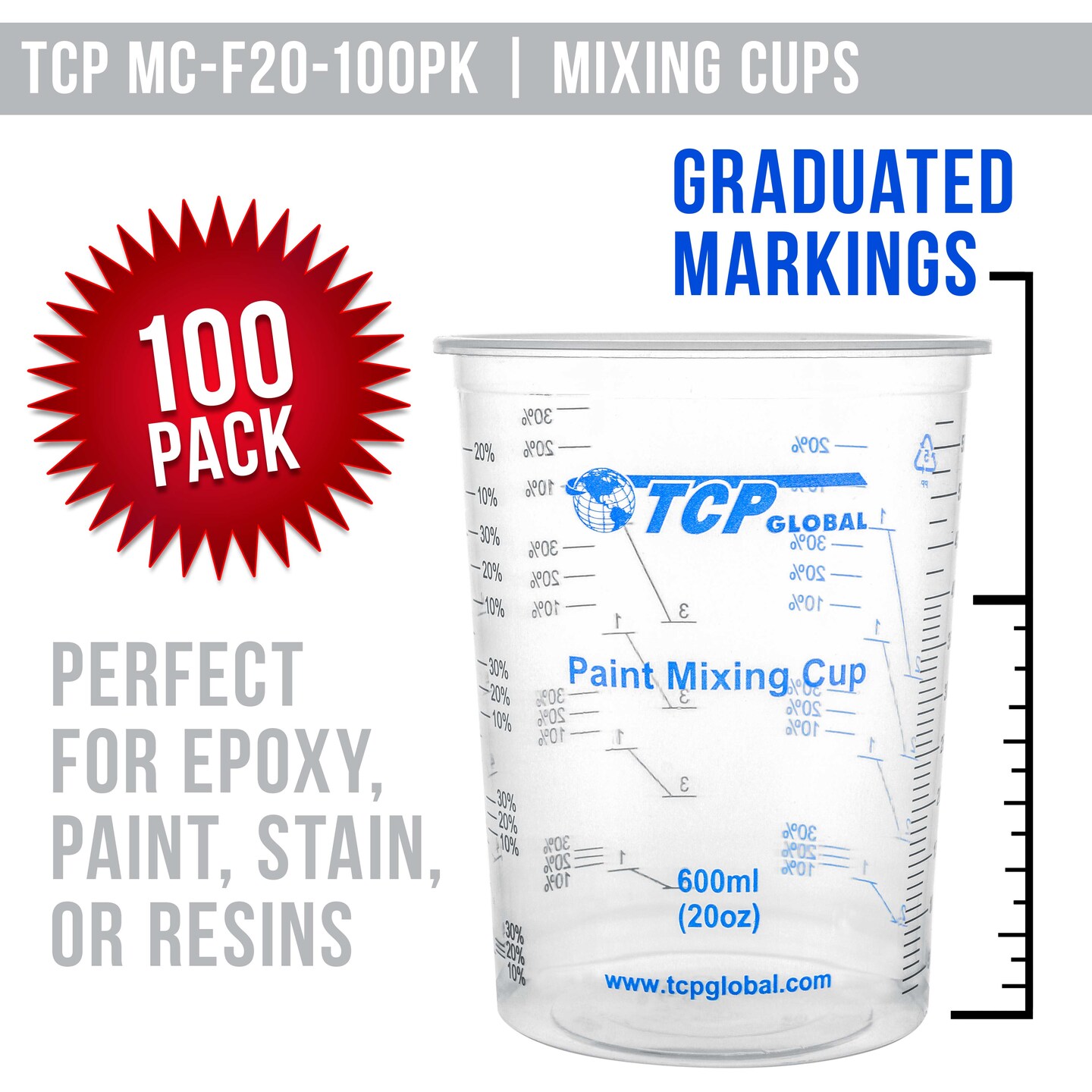 20 oz. (600ml) Graduated Plastic Mixing Cups - Box of 100 with 50 Mixing Sticks - Disposable Plastic Measuring Cups for Liquids, Paints, Resin, Epoxy, Art, Kitchen - Ratios 2-1, 3-1, 4-1 ML
