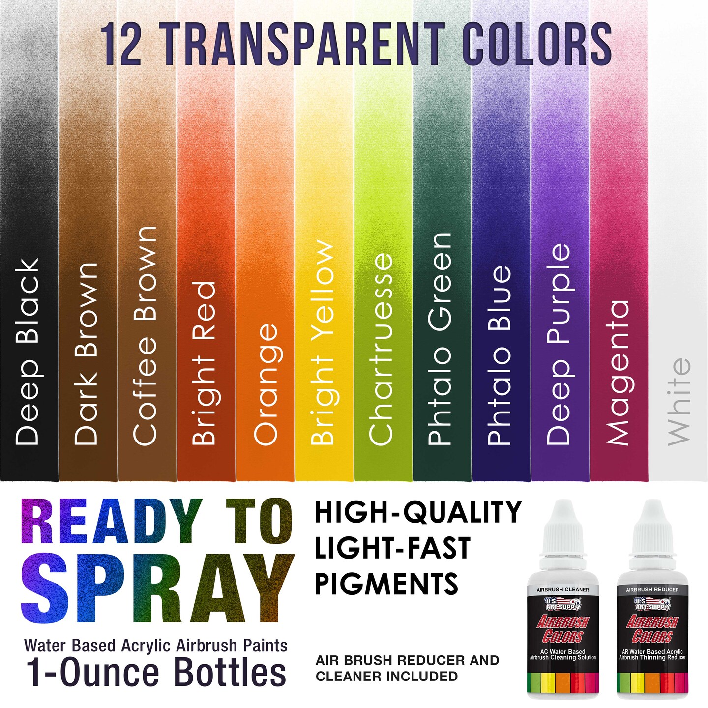 12 Color Acrylic Transparent Colors Airbrush Paint Set with Reducer & Cleaner, 1 oz. Bottles
