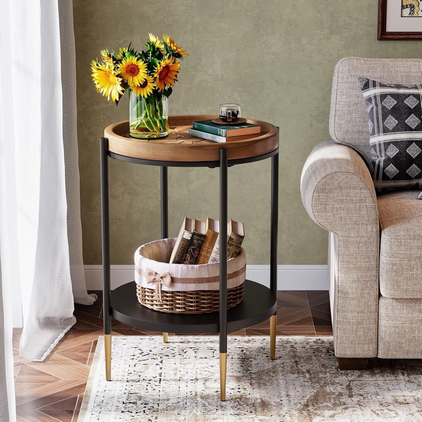 Rustic Brown-Black Wood and Metal Round Side Table with 2 Shelves