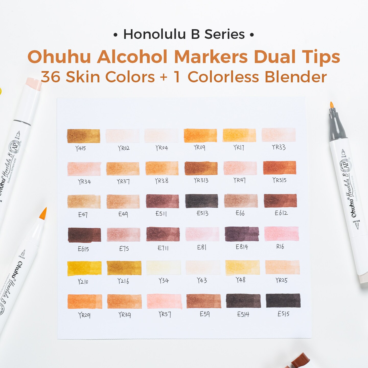 Ohuhu Honolulu B 48 Colors + 36 Skin Tones Alcohol-Based Markers, Brush & Fine, Dual Tips Art Markers Bundle