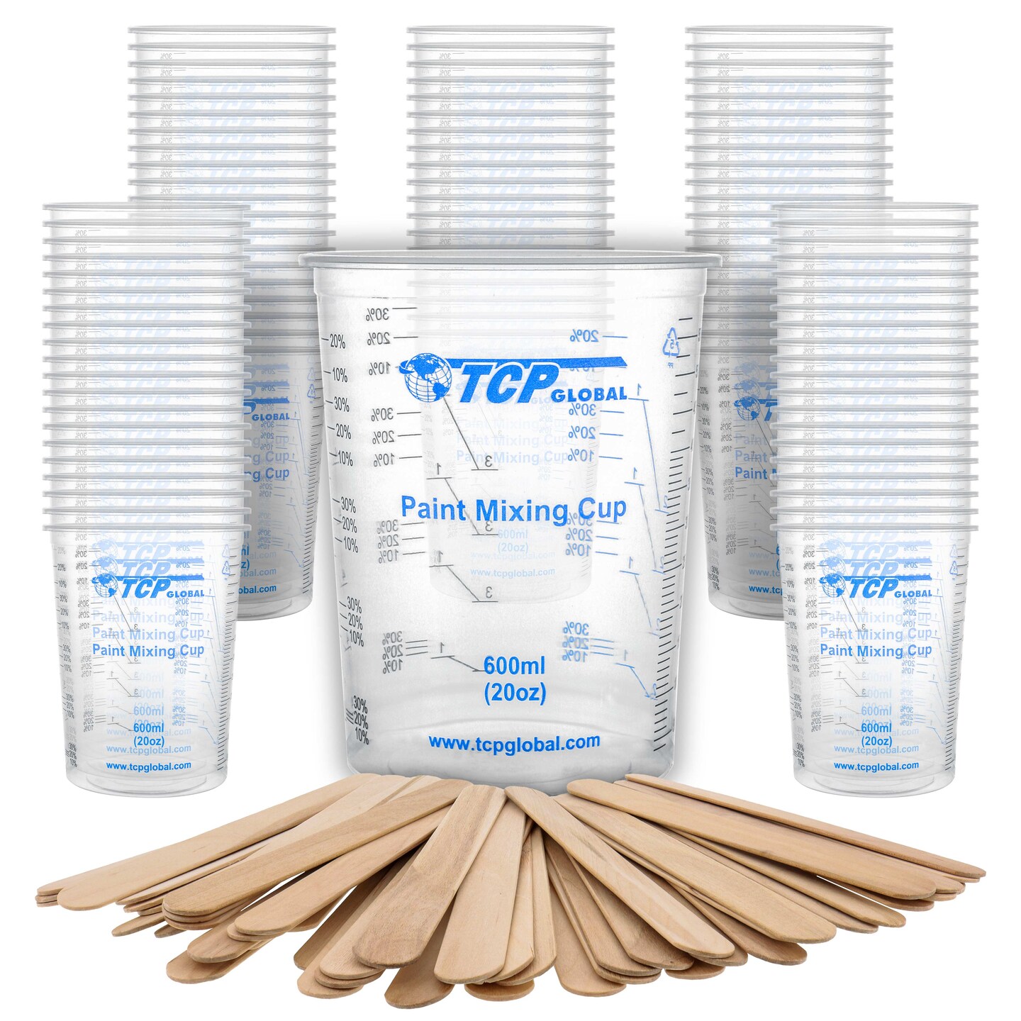 20 oz. (600ml) Graduated Plastic Mixing Cups - Box of 100 with 50 Mixing Sticks - Disposable Plastic Measuring Cups for Liquids, Paints, Resin, Epoxy, Art, Kitchen - Ratios 2-1, 3-1, 4-1 ML