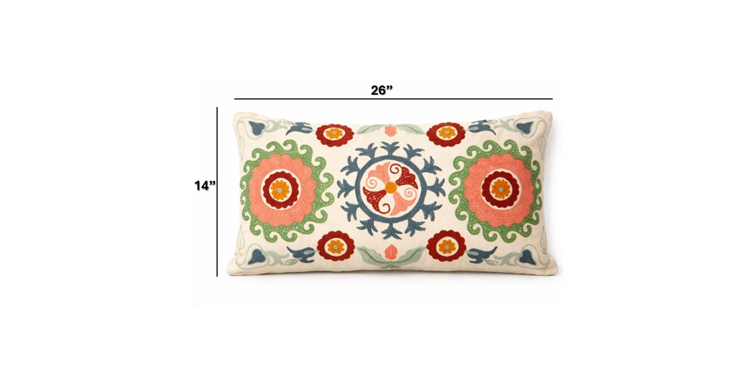 Lumbar Pillow | Suzani Embroidered Multicolor Pillow – Decorative Boho Cushion for Stylish Home Décor | 26"x14"