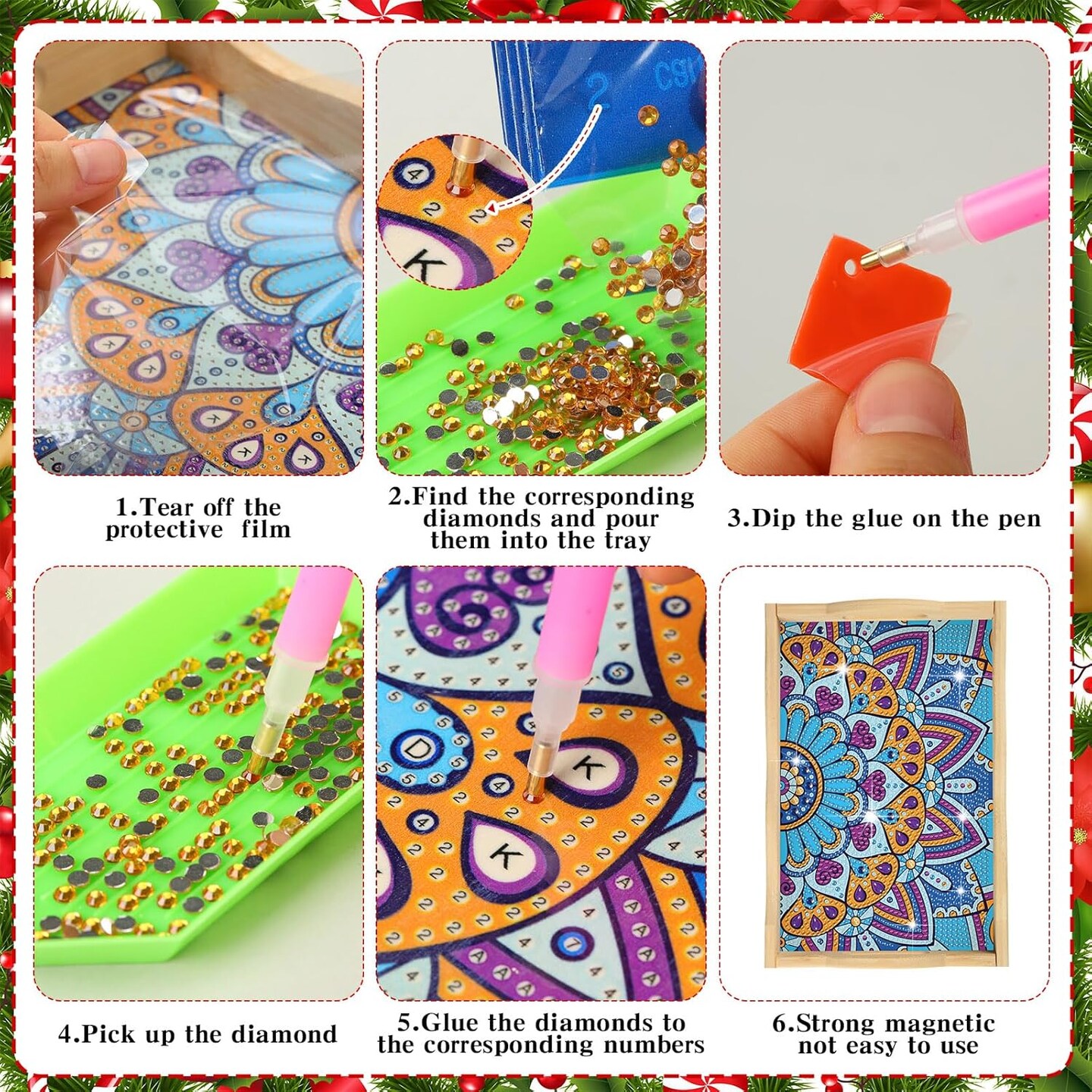 2 Pcs Mandala DIY Diamond Painting Wooden Serving Tray With Handle - Decorative Handmade Art Tray for Adult Dinner, Coffee Table, Party Food, 11.8 x 7.8 Inches