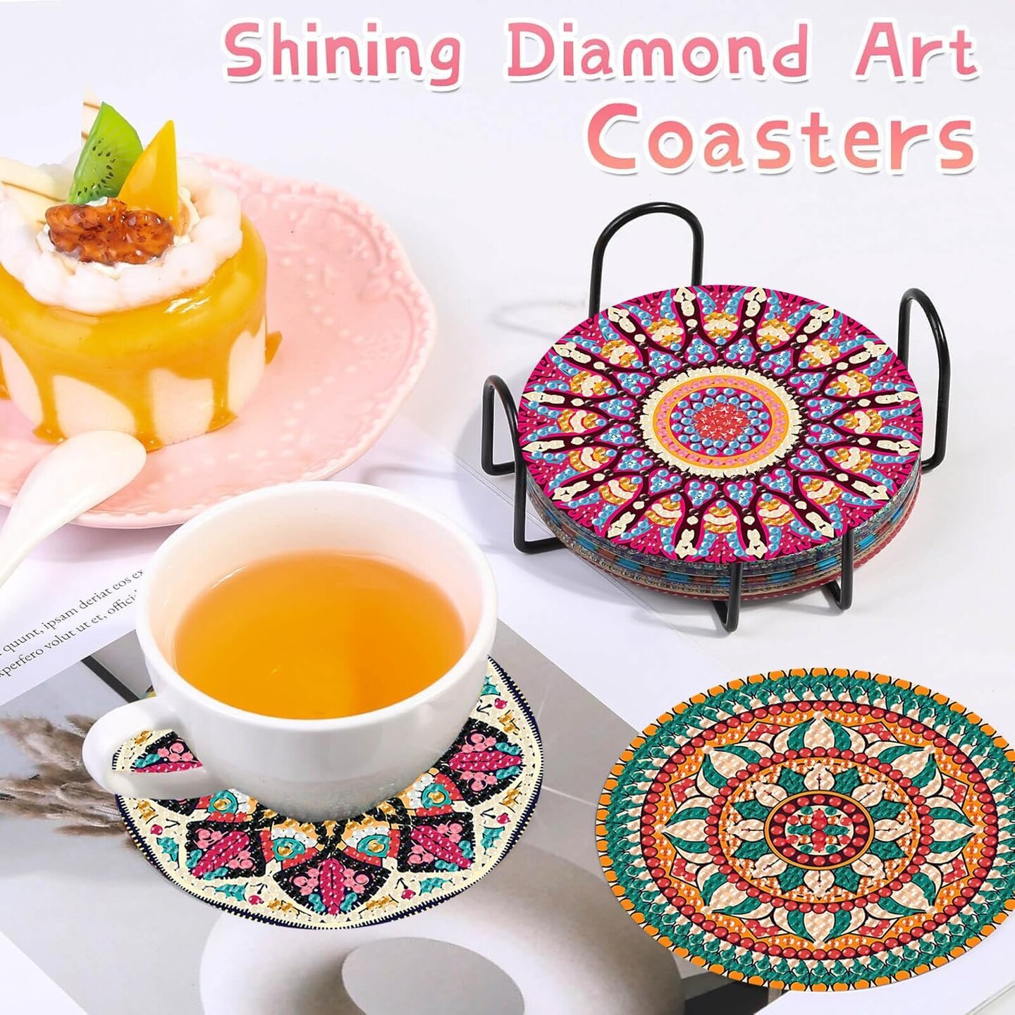Diamond Painting Coasters Set of 8 with Holder – Mandala 5D Diamond Art Coaster Kit with Cork Backing, DIY Gem Art Craft for Adults & Beginners