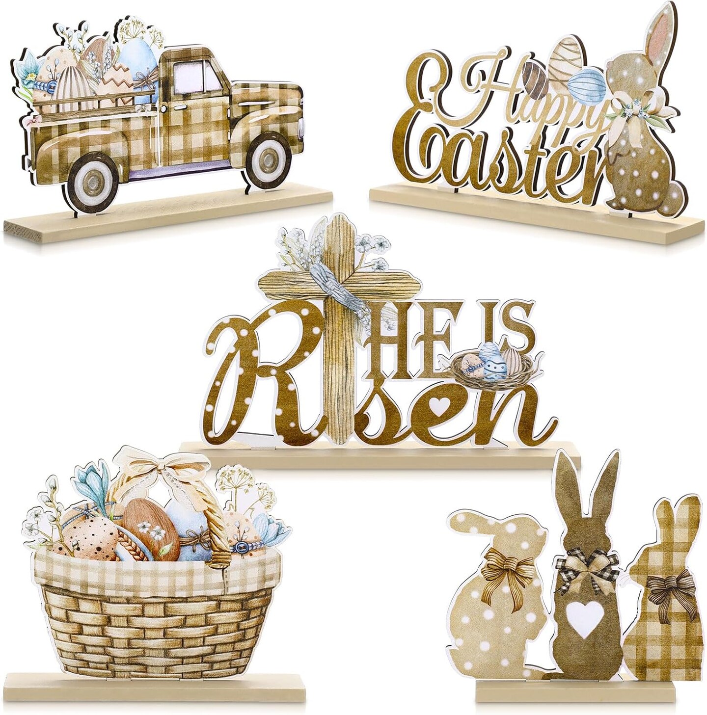 Set of 5 Easter Table Decorations – Wooden Bunny Signs with "He is Risen" for Farmhouse Rustic Home & Office Decor, Tiered Tray & Table Centerpieces