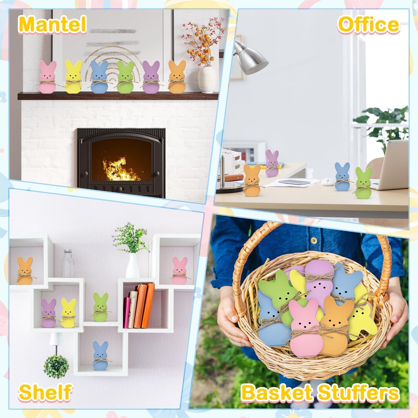 6-Piece Easter Bunny Wooden Decor Set – Spring Peeps Centerpiece Signs with Hemp Rope for Table, Tiered Tray, Office, Mantel, Bathroom & Easter Basket Stuffers