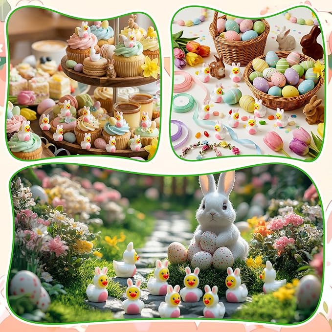 60pcs Easter Bunny Cosplaying Resin Ducks Mini Bunny Themed Resin Ducks Miniature Figurine Decoration Tabletop Shelf Centerpieces for Easter Day Gifts