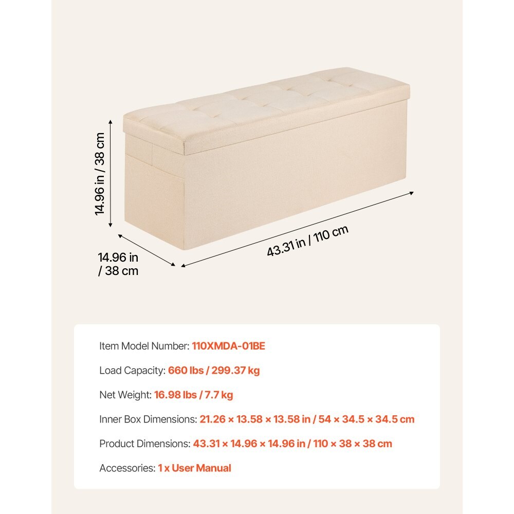 Storage Ottoman Bench Folding Linen Seat with Lid Side Pockets 660 lbs Capacity