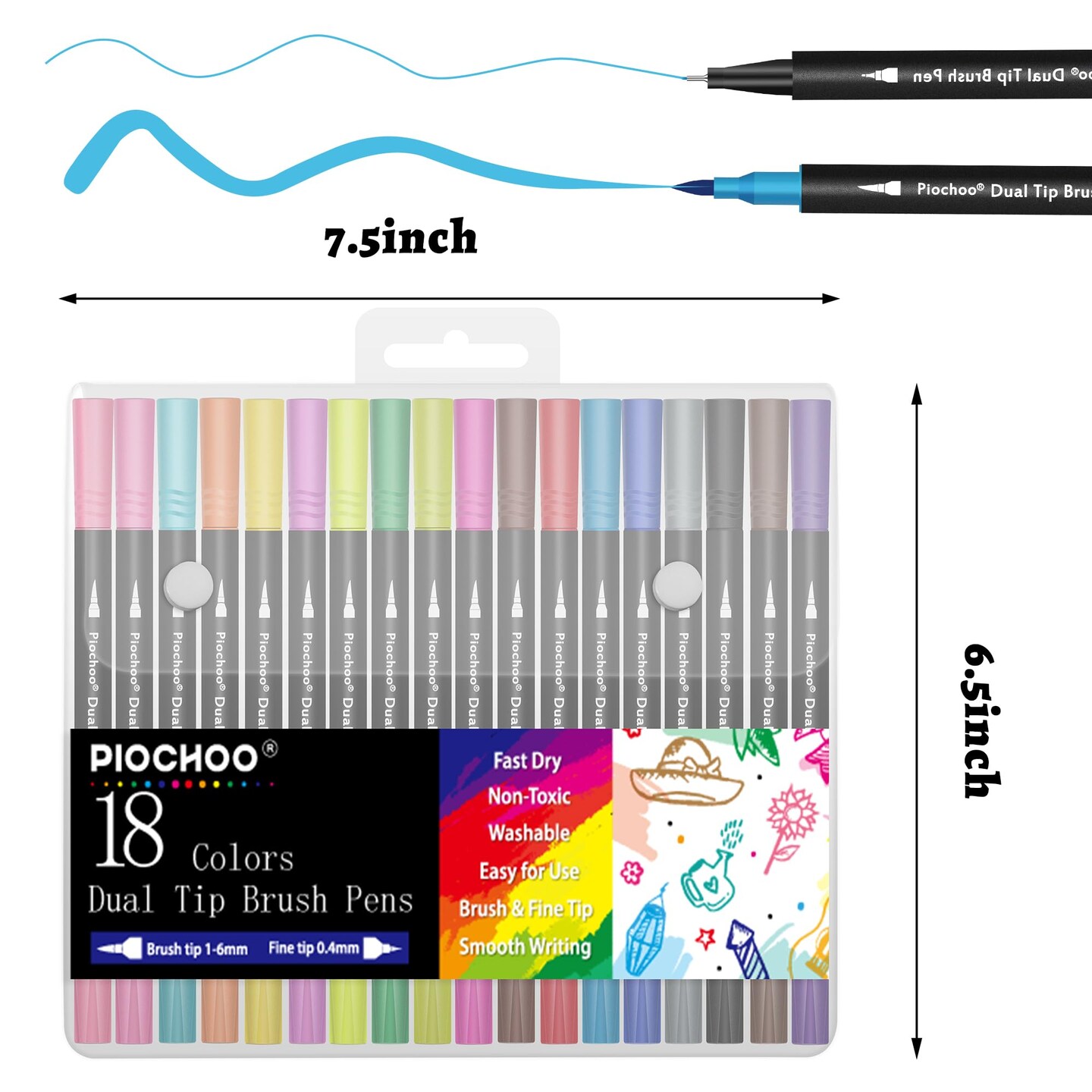 18 Colors Dual Tip Markers, Fine Point & Brush Tip for Adult Coloring Books, No Bleeding, Art Supplies