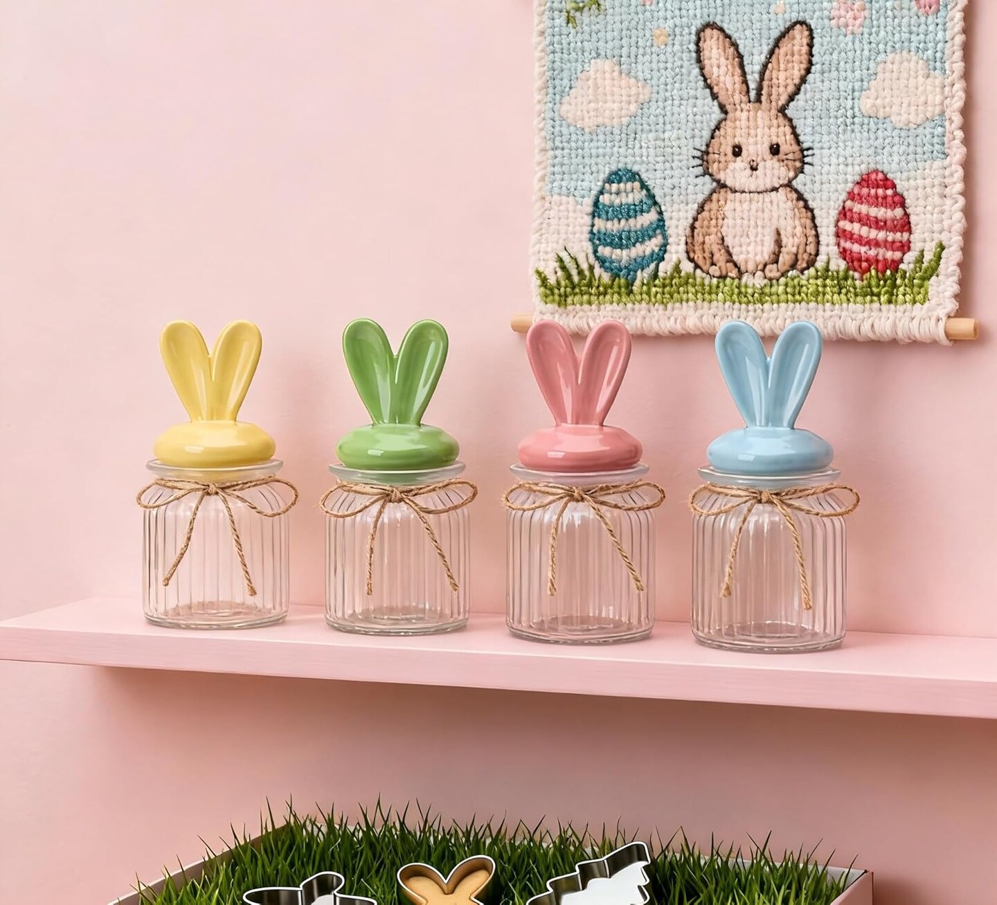 4-Piece Easter Bunny Candy Jar Set – Glass Candy Jars with Bunny-Shaped Ceramic Lids, Airtight Glass Containers for Chocolate, Mini Eggs & Easter Table Centerpiece Decorations (6.7 x 3.1 in)