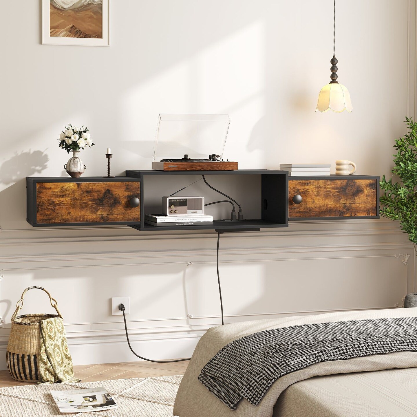 Brown Wall Mounted TV Stand 55 Inch with 4 Power Outlets and Storage