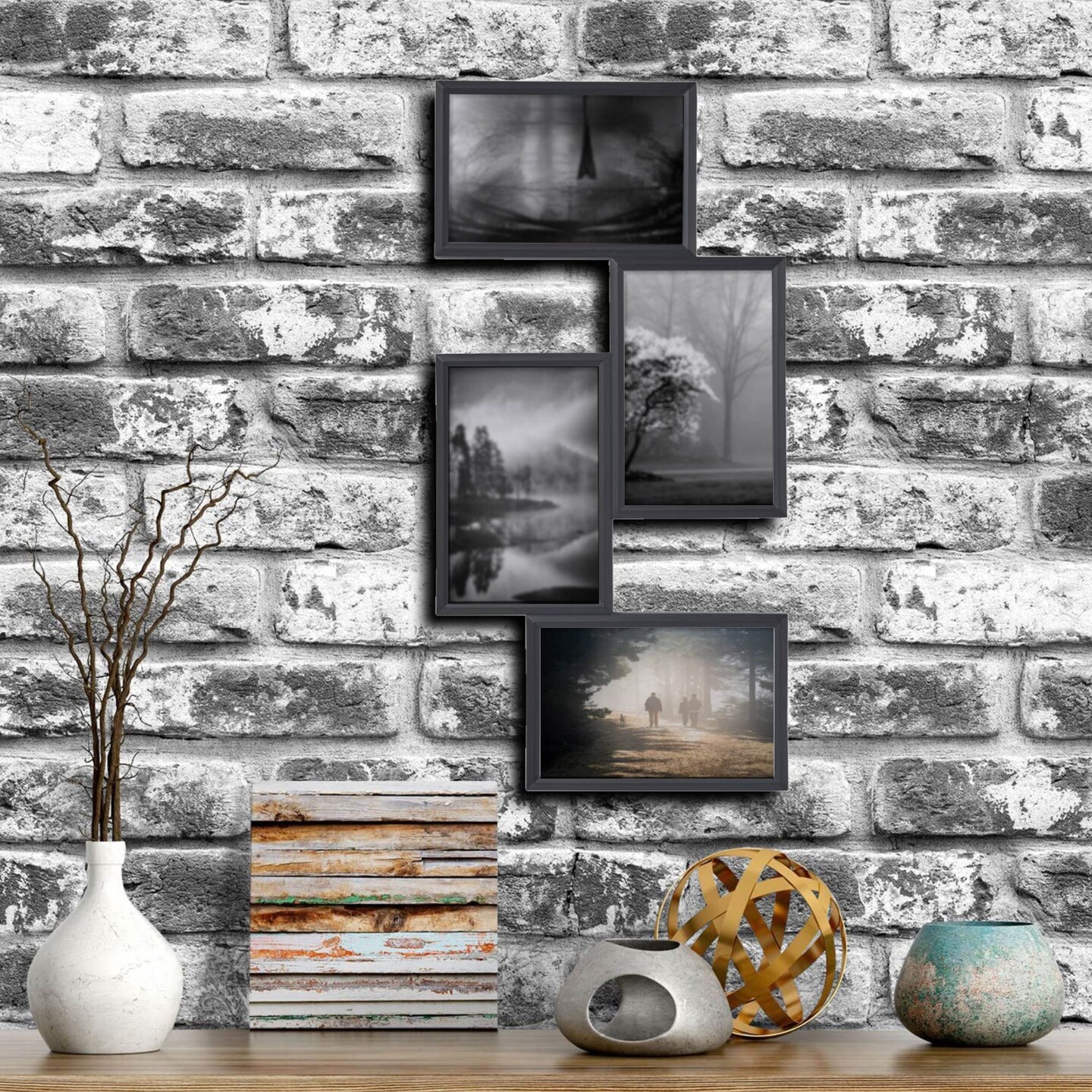 Black 4-Photo Collage Frame 8¼" x 16¼" – Versatile Vertical or Horizontal Hanging, Durable Lightweight Plastic