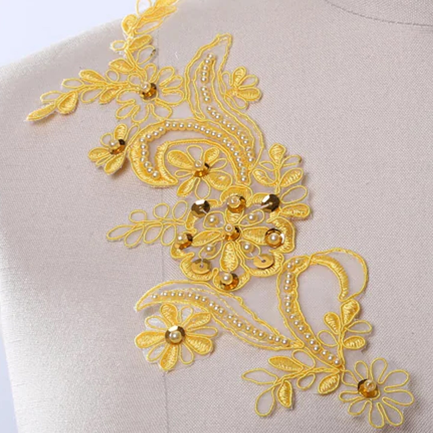 Yellow Beaded Lace Applique Pair With Pearl Detail 8.5 X 3.5 Inch