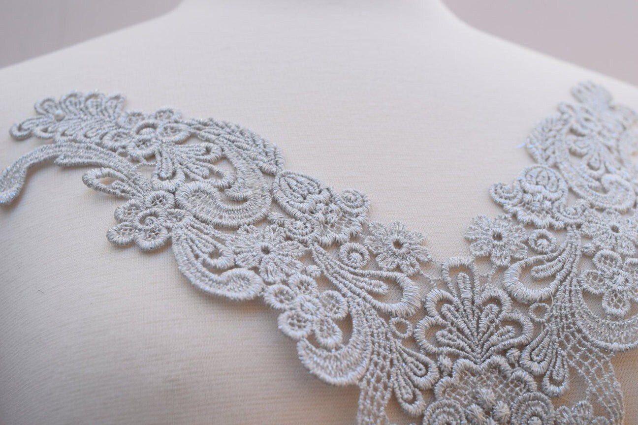 Soft Silver Metallic Venice Lace Applique 1 Pc Elegant V Shaped Regal Embellishment