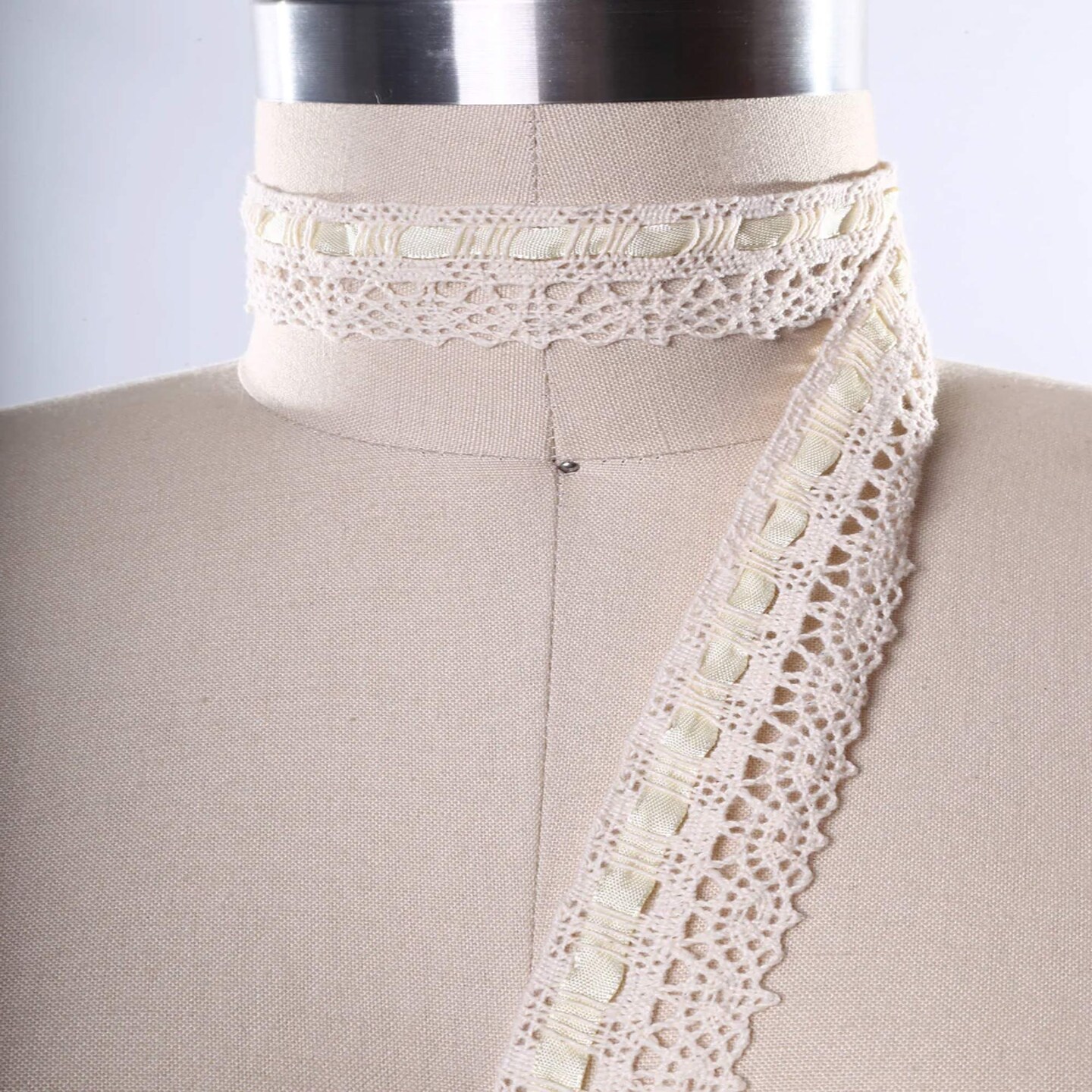 1 Yard 1.25" Beige Cotton Eyelet Cluny Lace Trim with Removable Ribbon Vintage Style