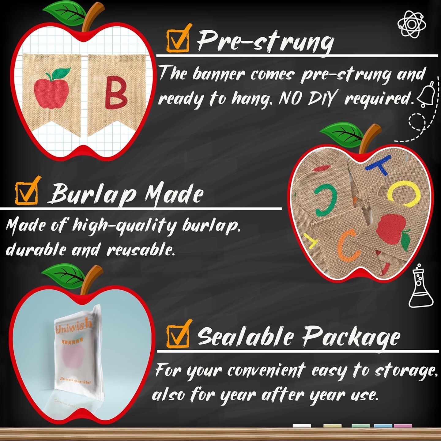 Back to School Banner Burlap Apple Sign First Day of School Decorations (red, orange, green, black & yellow) 7"L x 5"W