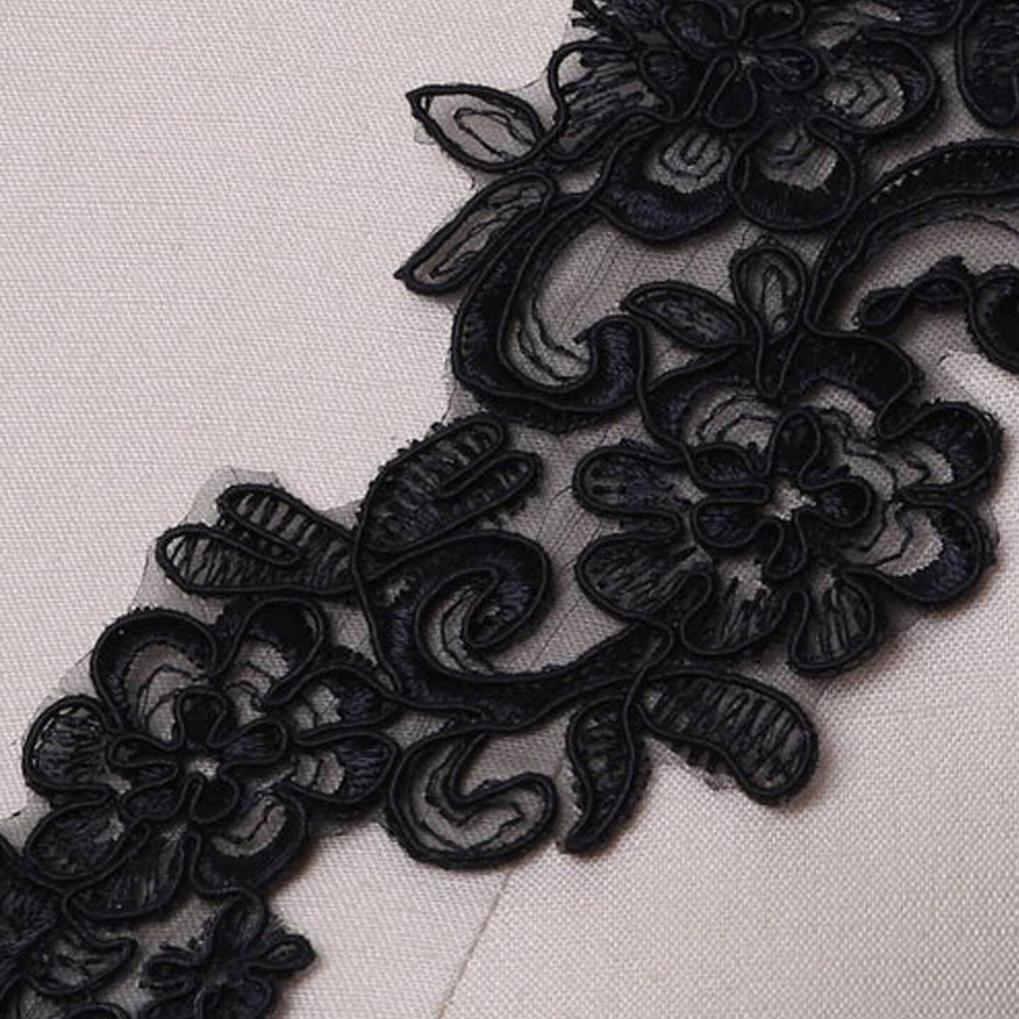 Black Alencon Lace Applique Pair with 9 X 3 Inch Mirrored Design