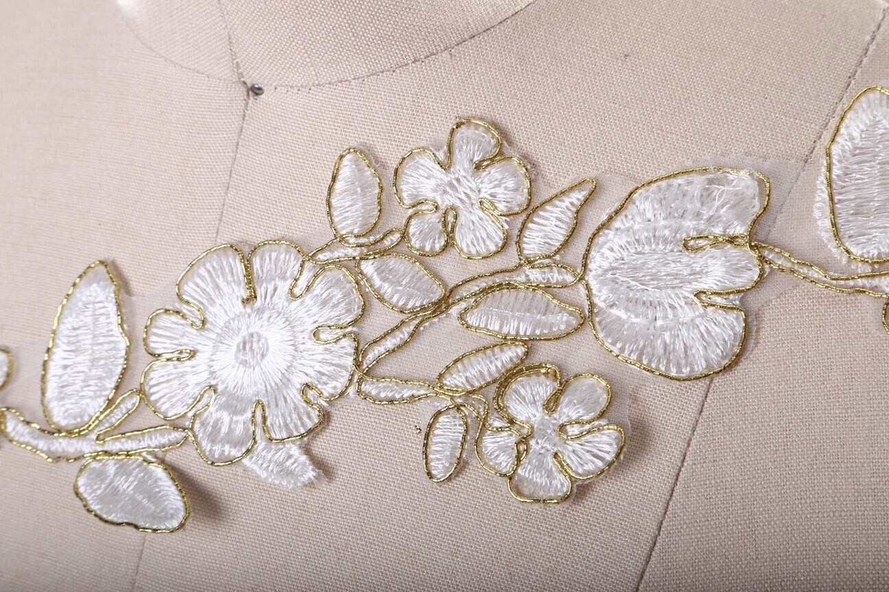 1 Yard Gold Alencon Embroidery Lace Trim With Gold Wire Embellishment Ideal For Bridal And Formal Use