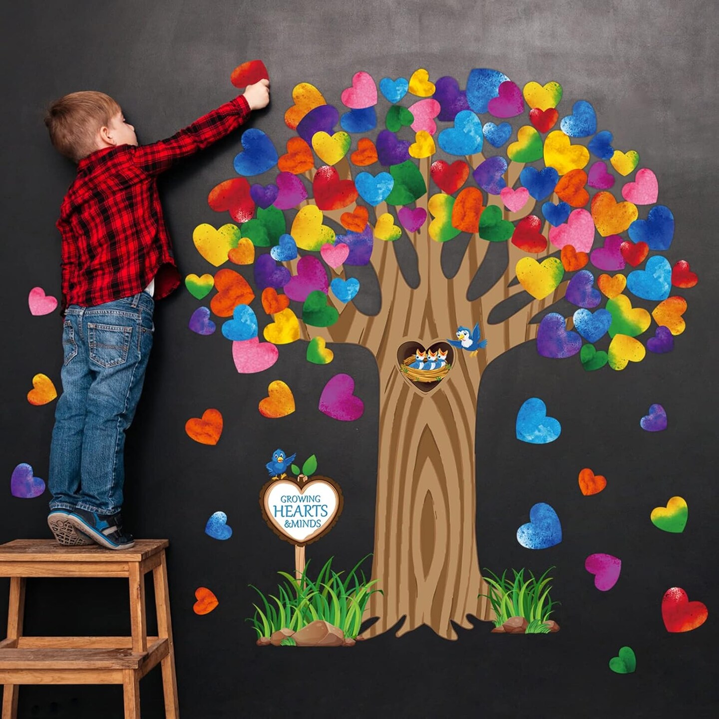 Classroom Tree Bulletin Board Decorations Set - Hearts (Watercolor)