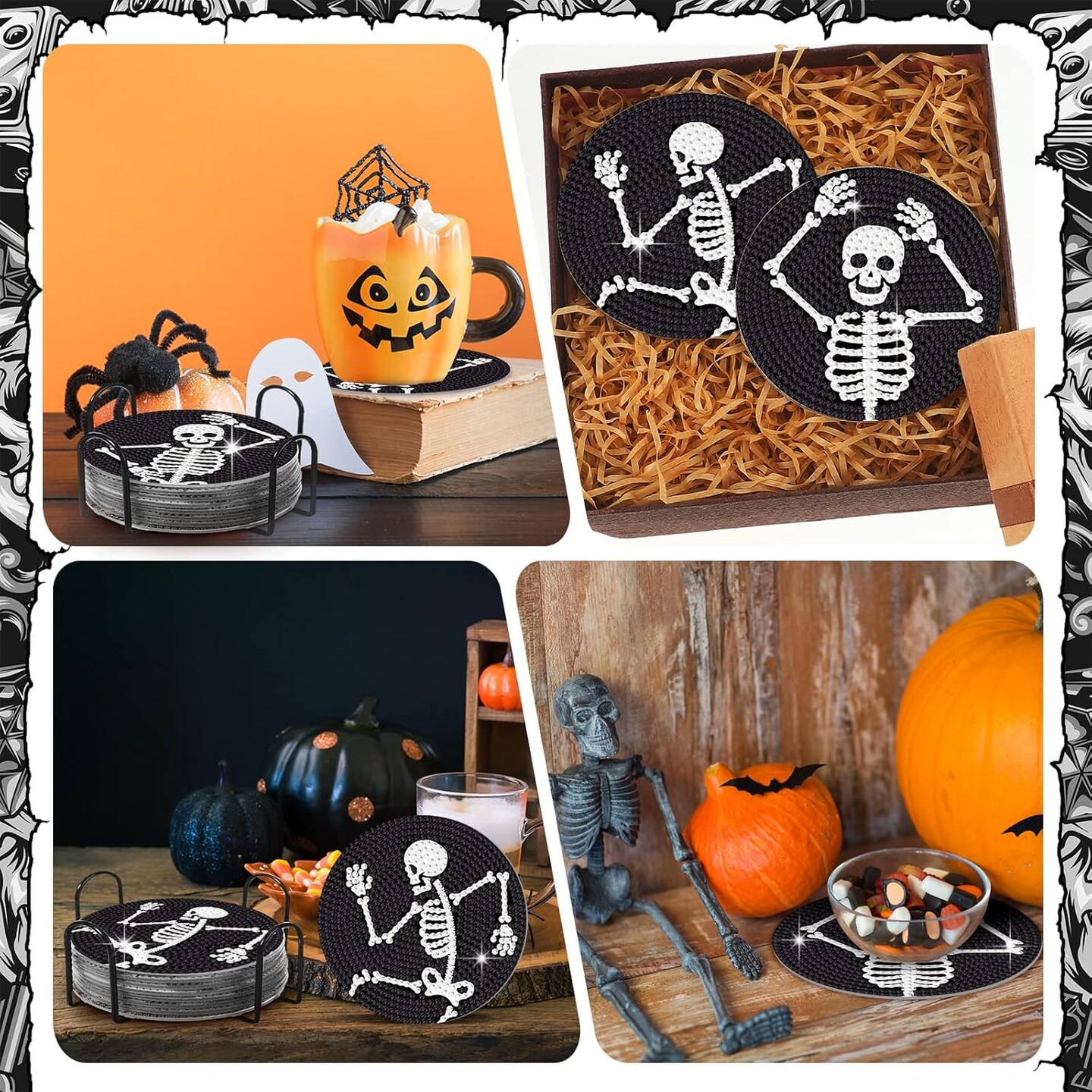 8 Pcs Diamond Coasters Skull Diamond Painting Coasters