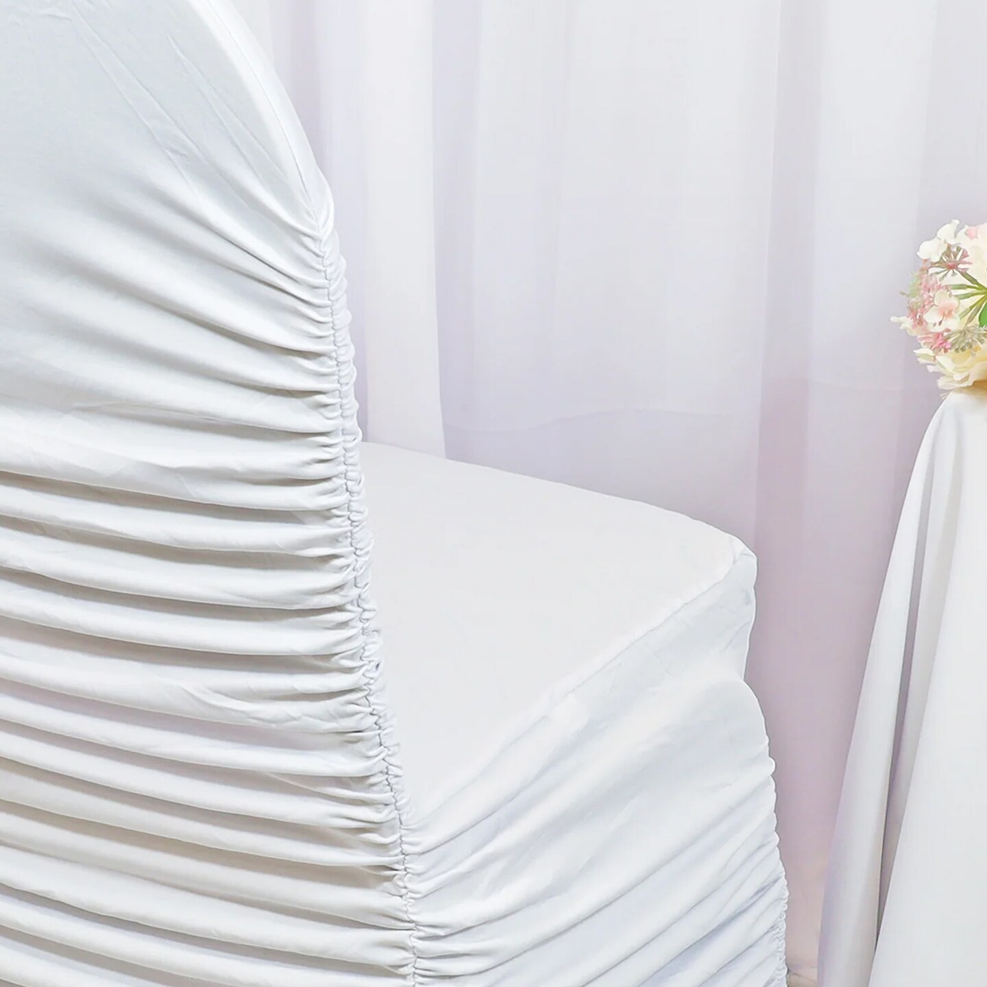 1 Piece White Rouge Spandex Chair Cover, Elegant Ruffled Banquet Stretch Fit