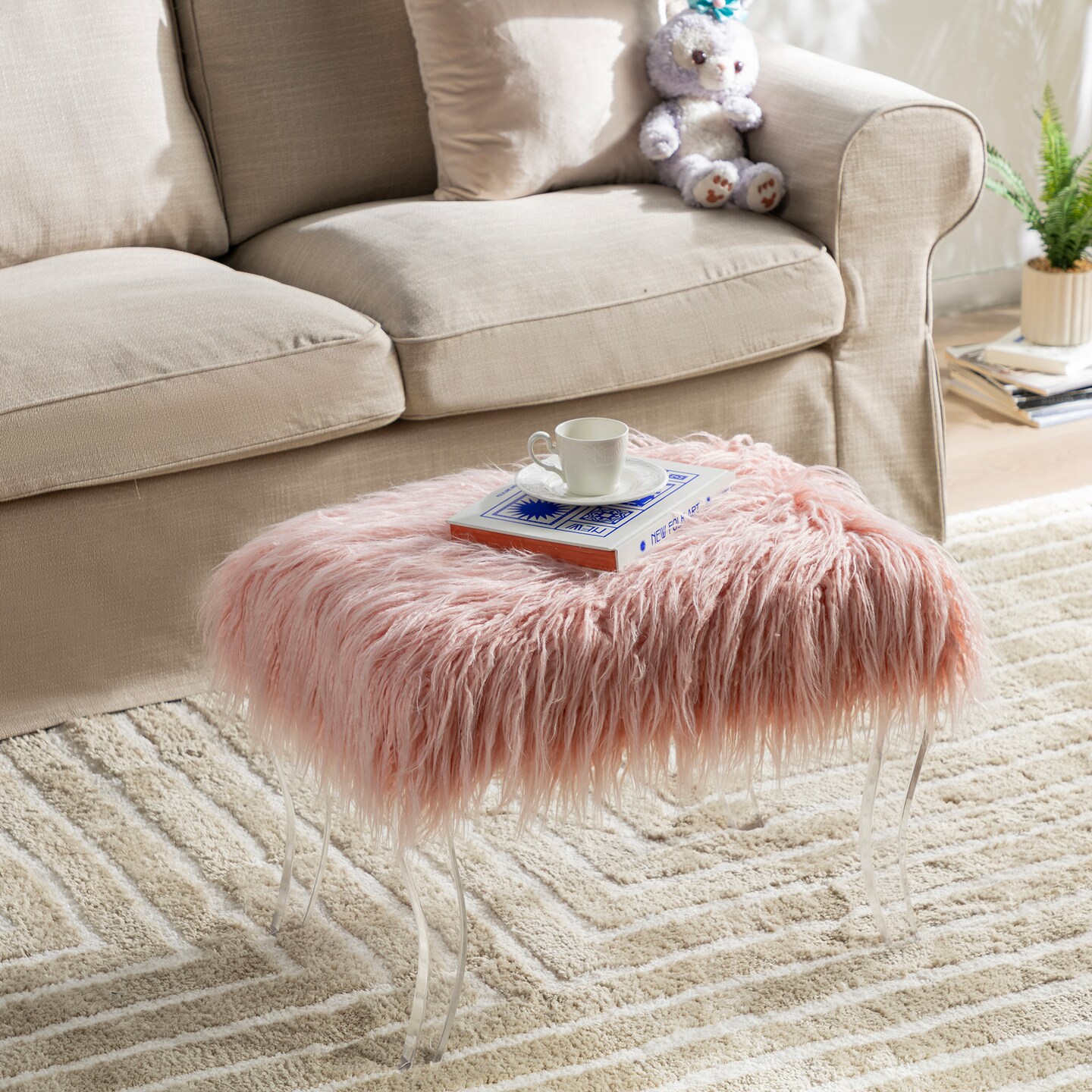 24.00&#x22;L/25.50&#x22;L Pink Faux Fur Acrylic Bench