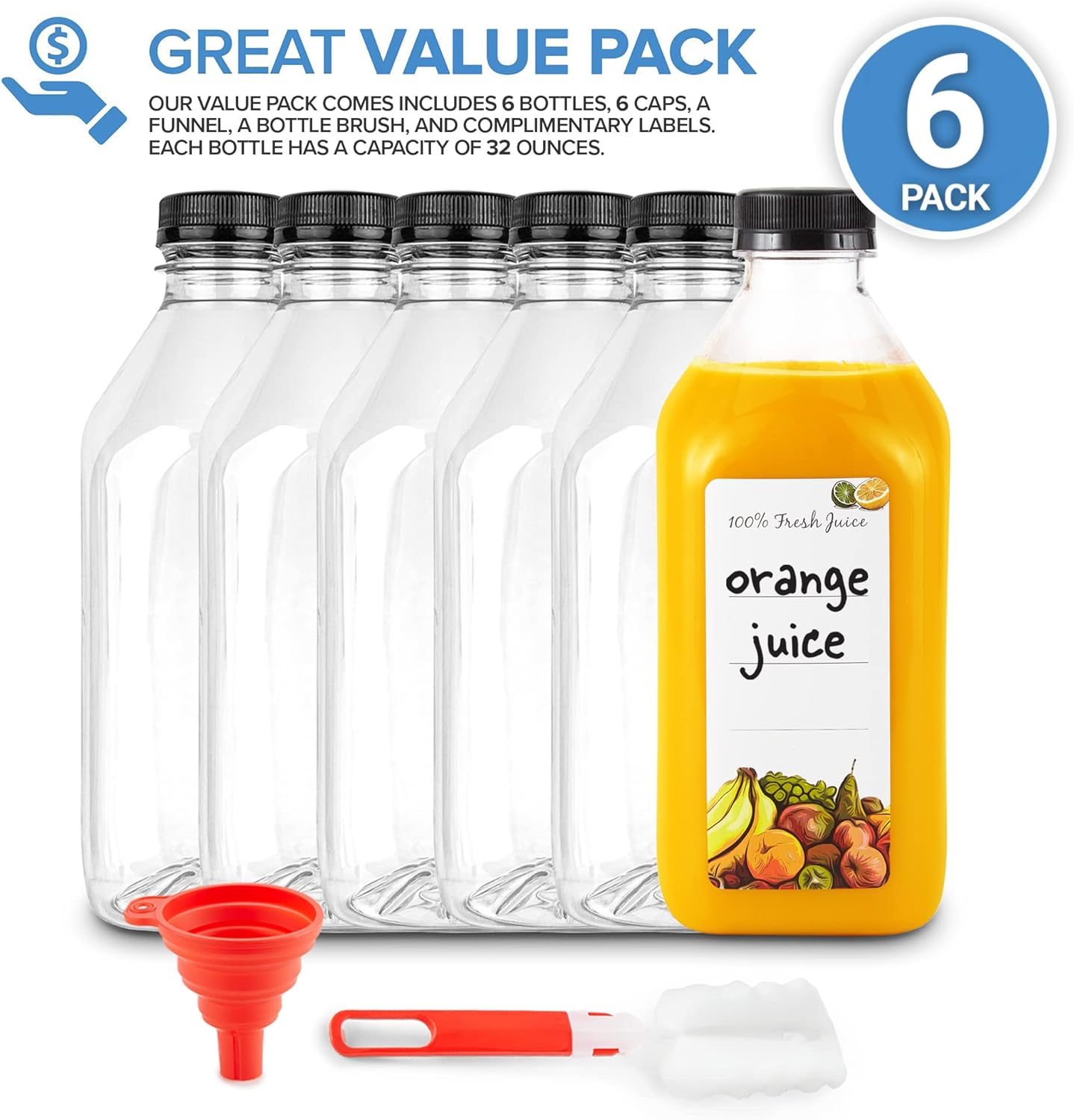 32 Oz Juice Bottles with Caps (6 Pack) - Reusable Clear Plastic Drink Containers