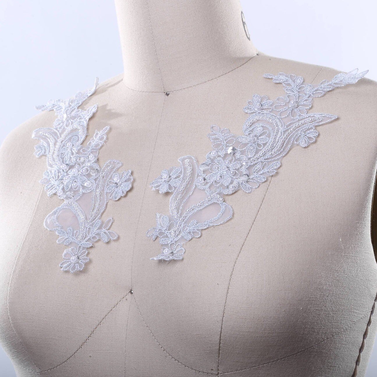 2 Pieces 22 Cm By 9 Cm Shimmery Silver Gray Lace Applique Set With Pearl And Sequin Details