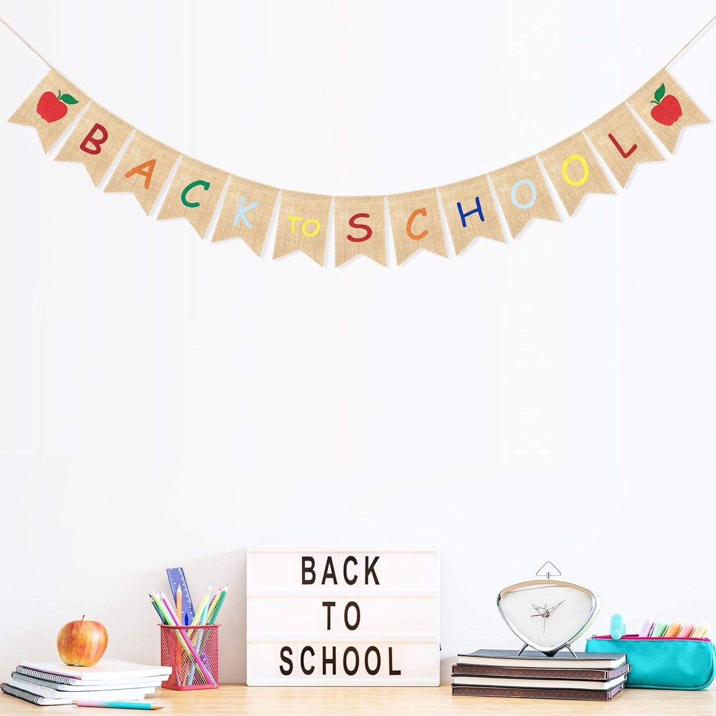 Back to School Banner Burlap Apple Sign First Day of School Decorations (red, orange, green, black & yellow) 7"L x 5"W