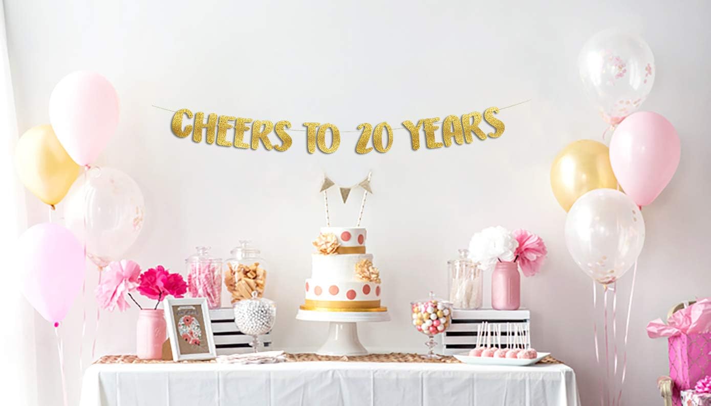 Cheers to 20 Years Gold Glitter Banner - 20th Anniversary and Birthday Party Decorations
