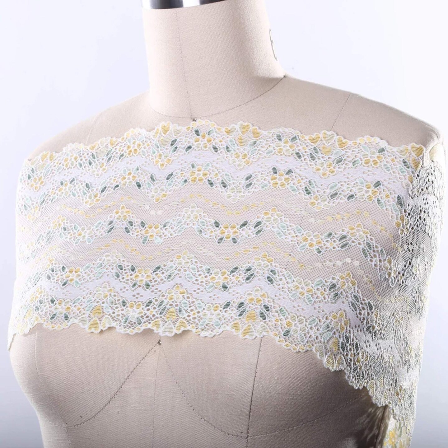 1 Yard 7" Wide Yellow Floral Stretch Lace Trim Lemony Flowers & Green Leaves on White