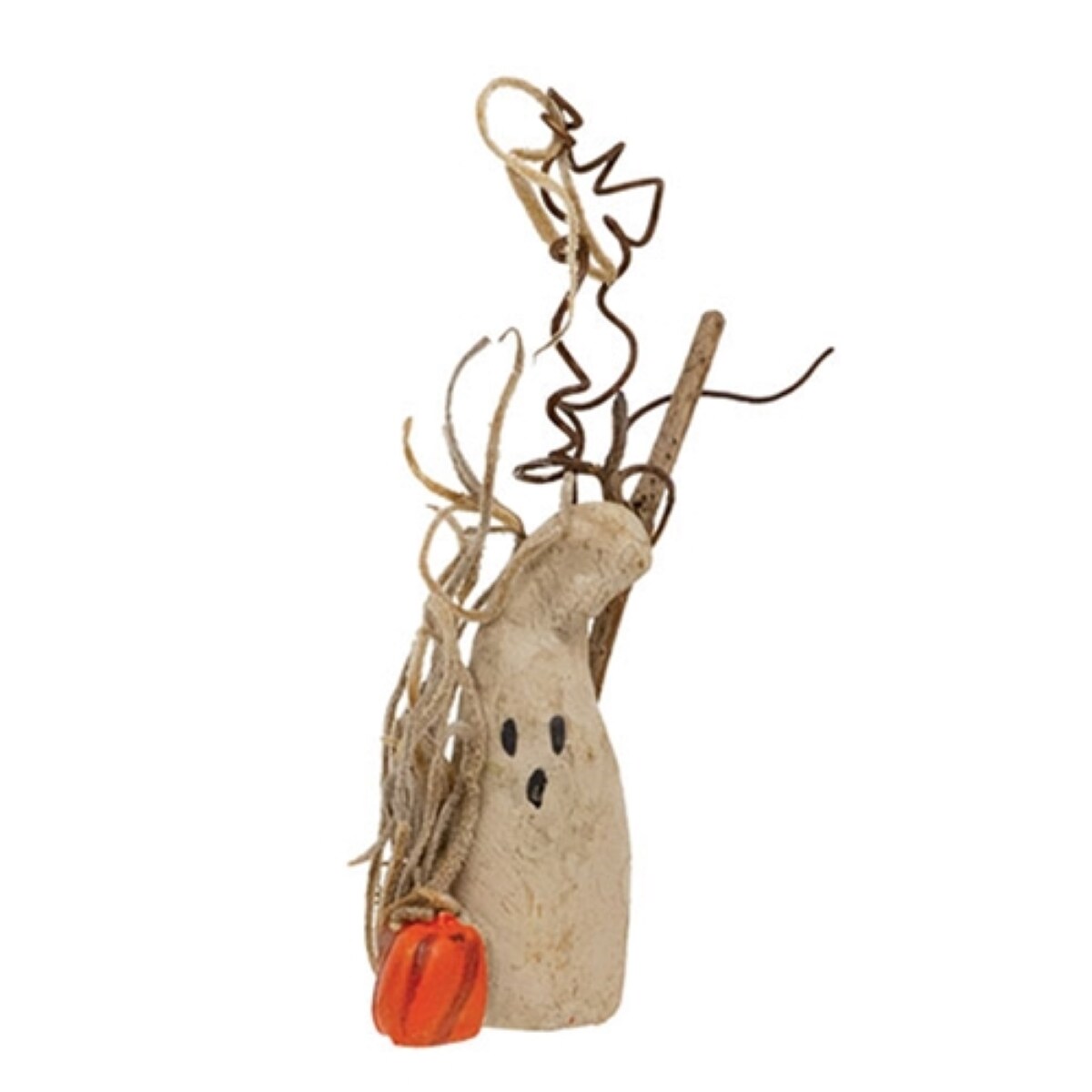Friendly Resin Ghost Figurine with Pumpkin and Twig Accents