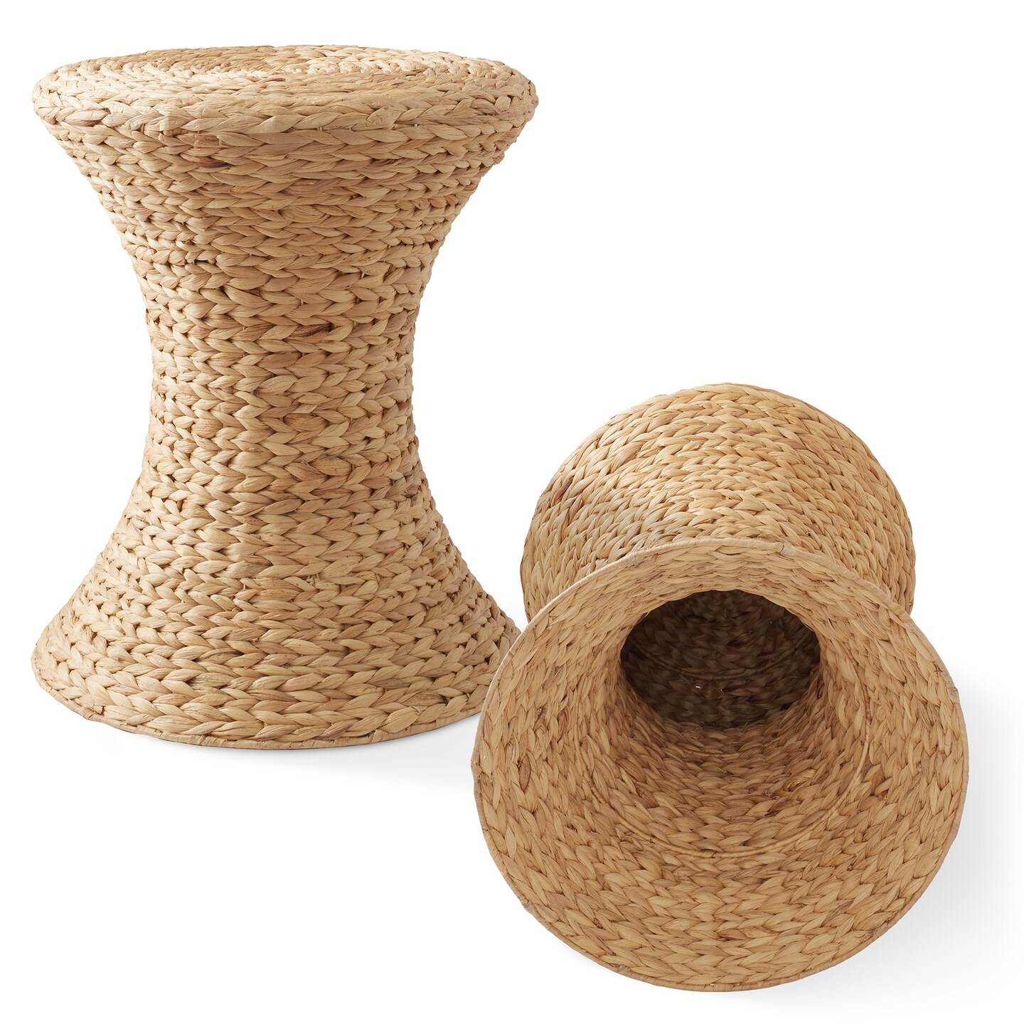 Casafield Hourglass Side Table, Water Hyacinth Round End Table, Boho Woven Wicker Accent for Bedroom, Living Room, Office, Entryway