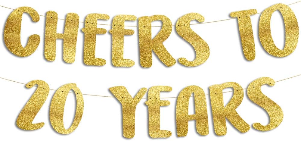 Cheers to 20 Years Gold Glitter Banner - 20th Anniversary and Birthday Party Decorations