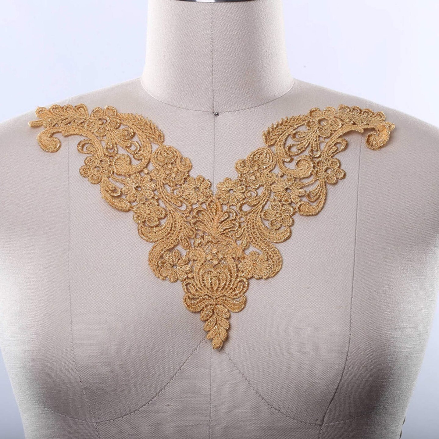 1 Piece Gold Metallic Venice Lace V Shaped Applique Patch for Gowns Dresses and Costumes