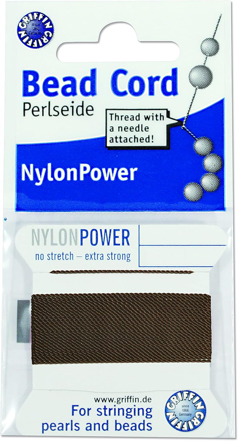 Griffin Nylon Bead Cord Perlseide – Size 5 (0.65mm) – 2 Meters per Card – Stainless Steel Needle Attached – for Knotting Pearls, Gemstones, Crystals and Beads