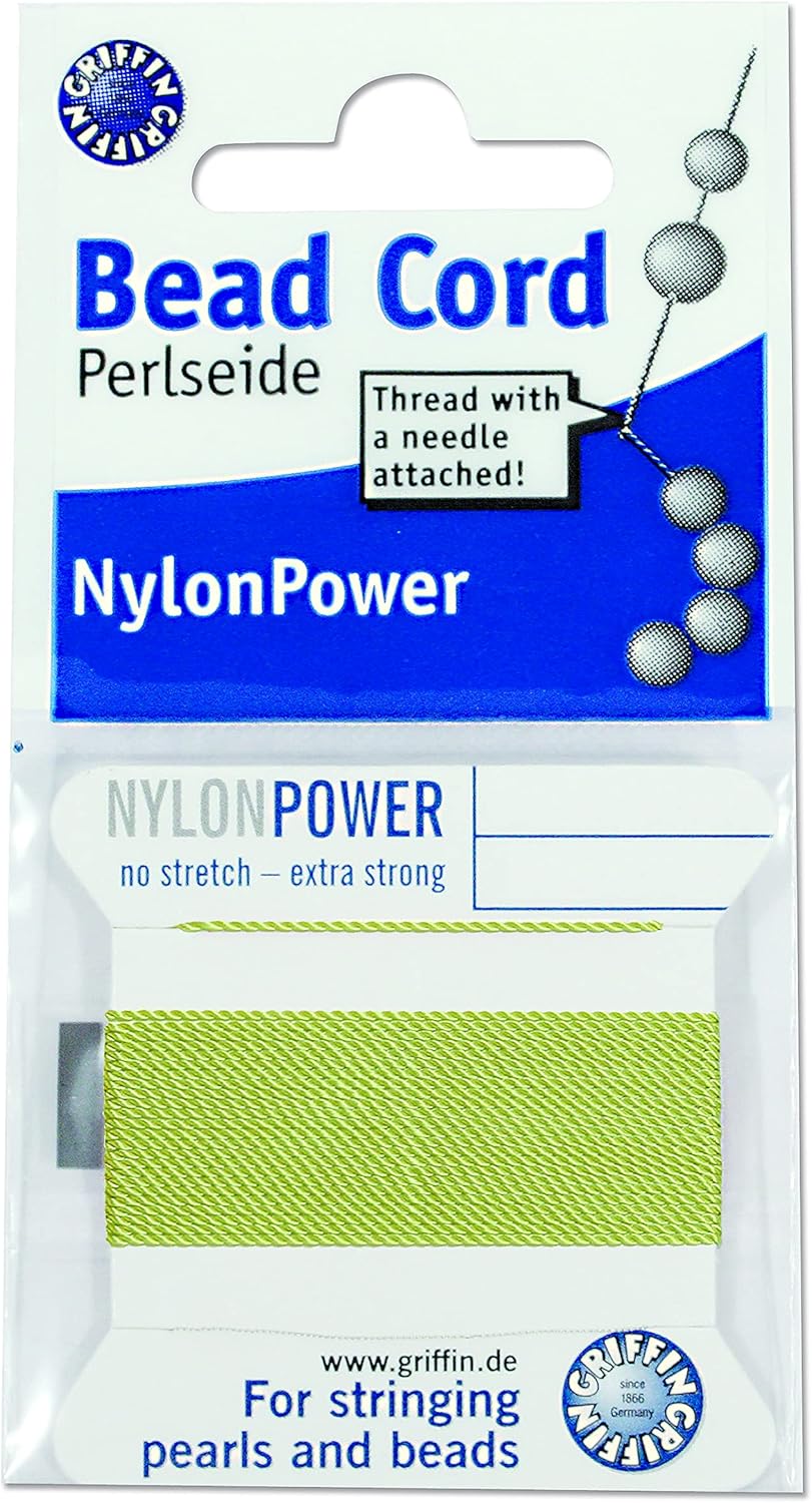 Griffin Nylon Bead Cord Perlseide – Size 2 (0.45mm) – 2 Meters per Card – Stainless Steel Needle Attached – for Knotting Pearls, Gemstones, Crystals and Beads