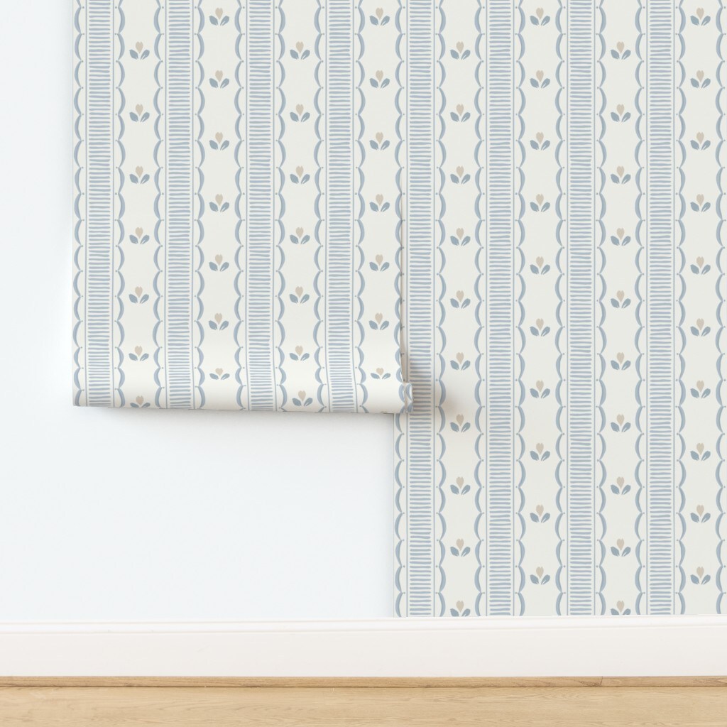 Cottagecore Floral Farmhouse Stripe Scallop Country Rustic Grandmillennial Cottage Vintage Floral Feminine Girly Blue Lines Tulip Spring Custom Removable Wallpaper by Spoonflower Peel & Stick Wallpaper 2FT Wide