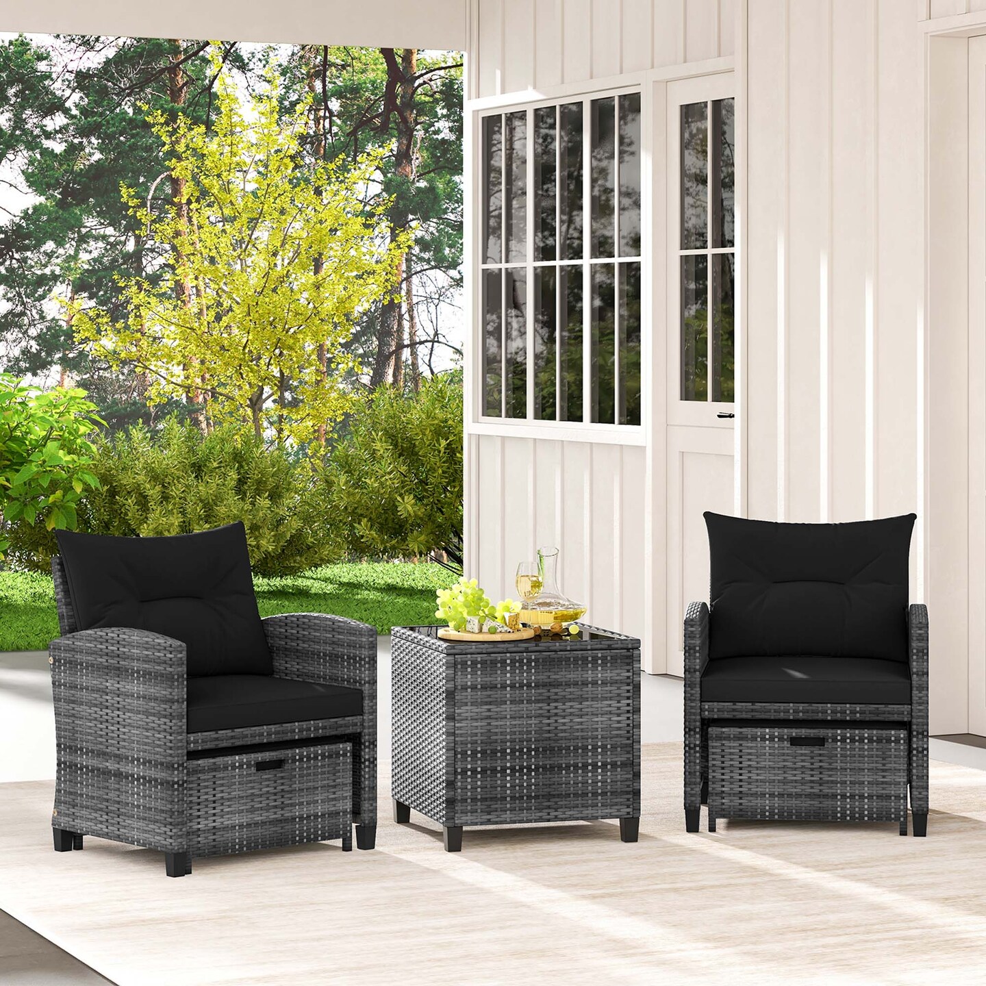 Costway 5 Piece Patio Rattan Furniture with 2 Ottomans & Tempered Glass Coffee Table Black/Grey/Navy/Beige/Red