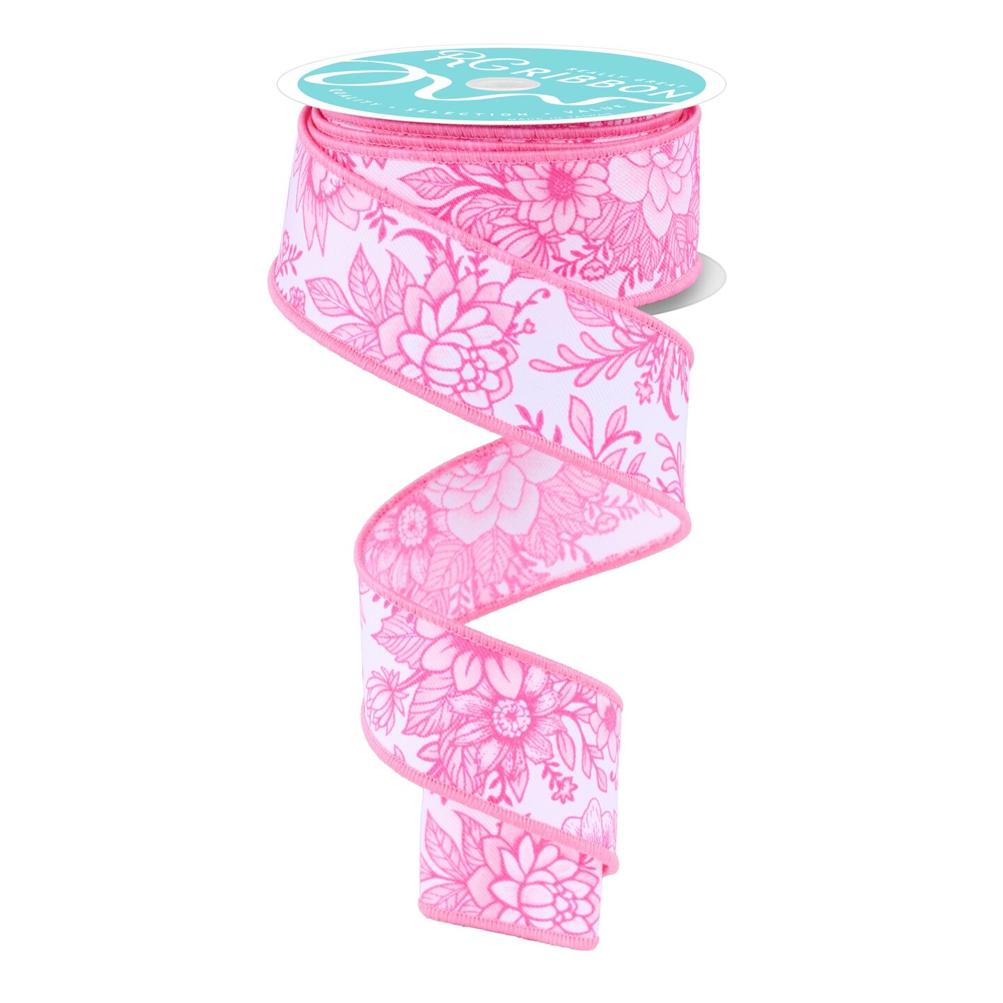 RG Ribbon: Pink and White Chinoiserie Florals, Wired - For Bows, Wreaths, Gift Wrap, Crafts and Decorations