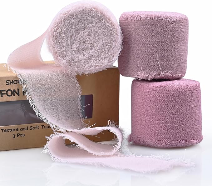 3 Rolls Dusty Rose Handmade Fringe Chiffon Ribbon 1.5 Inch x 7 Yard Silk-Like Ribbon Colorful Rustic Ribbon for Bouquets Wrapping Decor Wedding Invitation Accessories