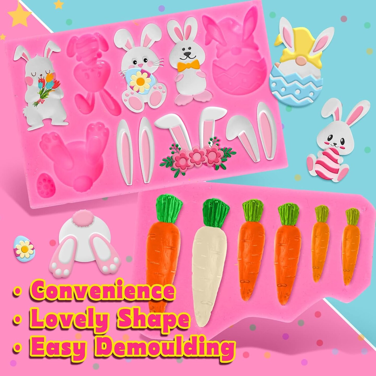 2Pcs Easter Fondant Molds Cute Bunny Pattern 3D Silicone Moulds Assorted Rabbit Carrots Flowers Resin Molds Easter Cupcake Cookie Baking Decorating Moulds for Spring Holiday Party DIY Candy