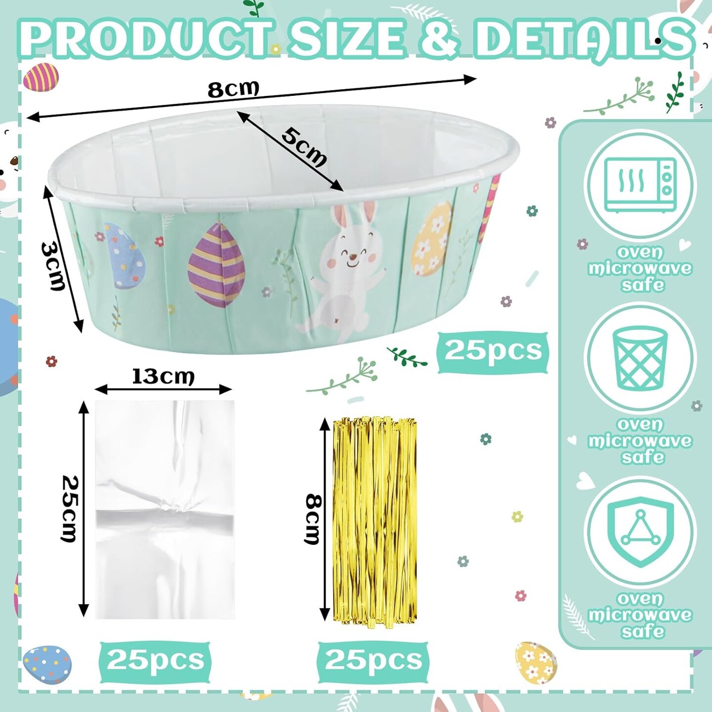25 Pcs Easter Bunny Paper Loaf Pans 3 x 2 x 1.1&#x27;&#x27; Mini Loaf Pan Liners with Clear Plastic Bags and Ties Easter Baking Cake Pans Disposable Oval Cake Cups Baking Mold for Baking Cupcake Bread