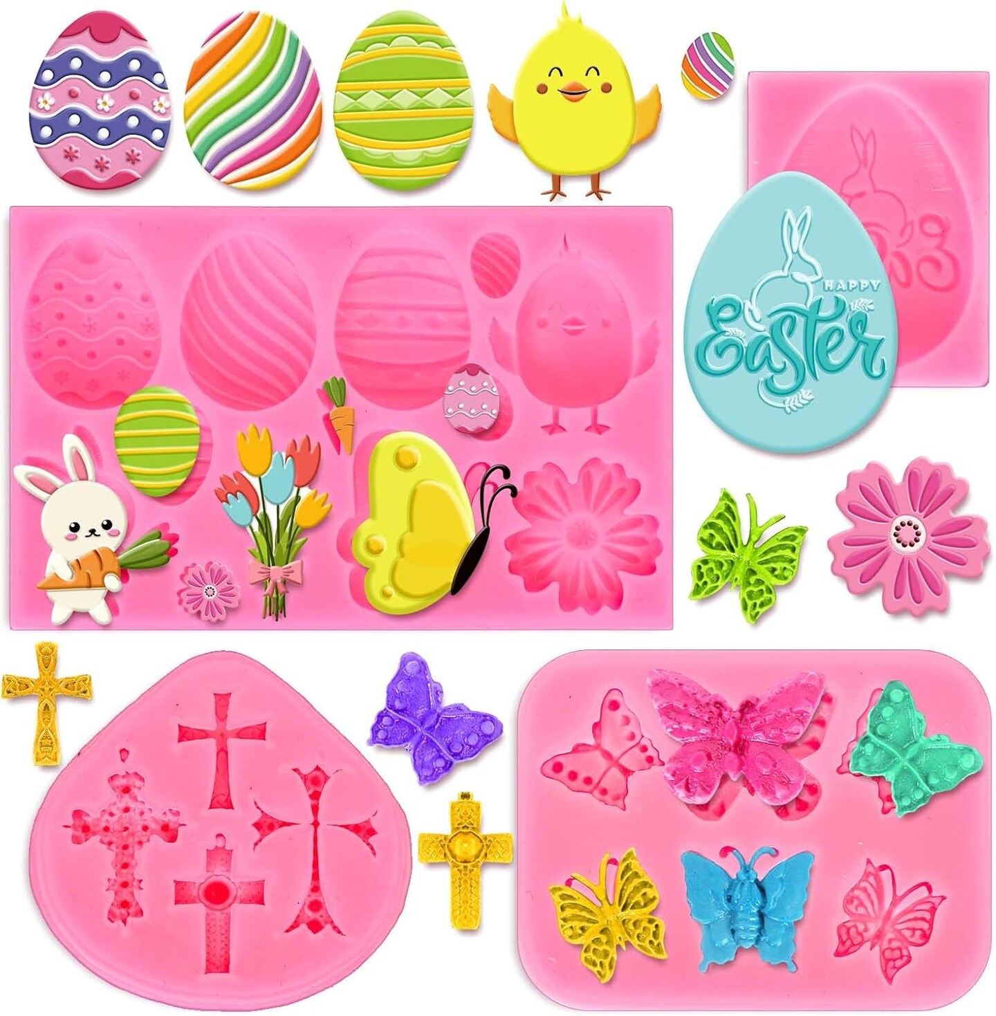 4Pcs Easter Fondant Molds Egg Bunny Rabbit Cross Butterfly Flower Floral Silicone Mold Assorted Chocolate Candy Mould for Spring Birthday Party Baking Sugar Craft Gum Resin Clay
