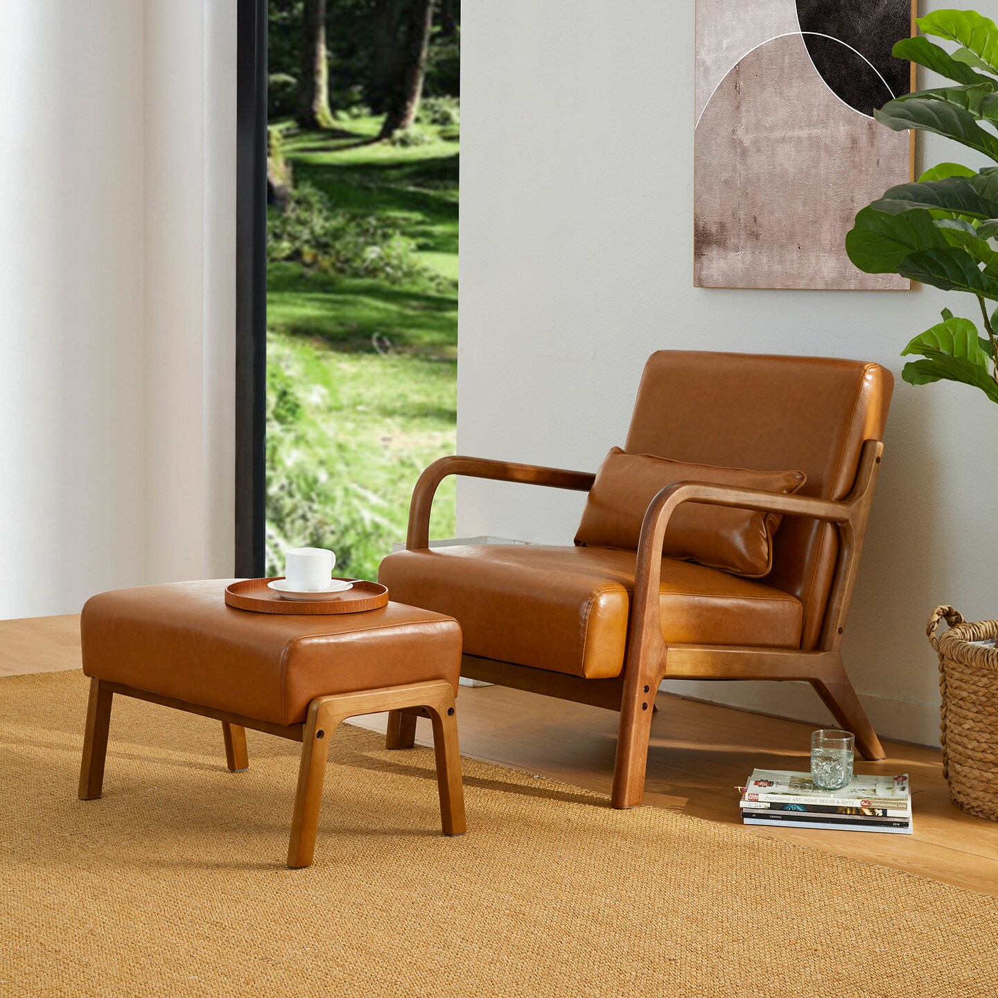30.75&#x22;H Mid-Century PU Leather Armchair with Ottoman Set